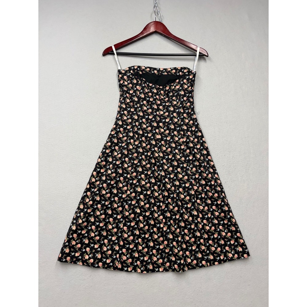 Shoshanna Strapless Dress Womens 2 Black Floral Rose Vintage 90s Mini Fit Flare - Picture 4 of 13